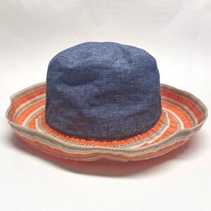 Grace Hats Sea Stripe Sun Hat Blue Chambray Orange Ribbon 22" Circumference